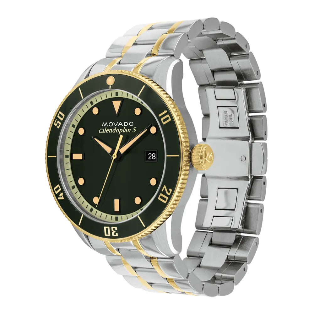 Movado Heritage watch three-quarter view showing two-tone bracelet and green dial