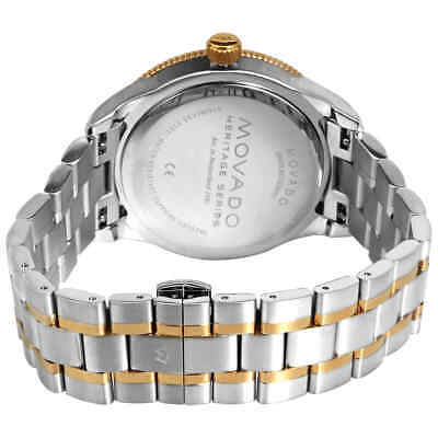 Movado Heritage watch caseback with stainless steel two-tone bracelet and crown