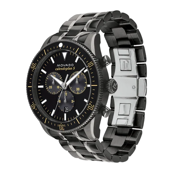 Side angle view of Movado Heritage chronograph showing steel case and bracelet profile