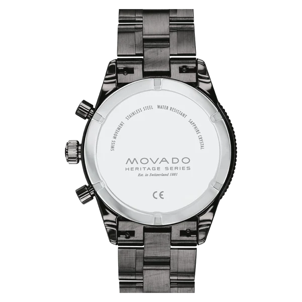 Movado Heritage caseback with engraved Heritage Series branding and water resistance specifications