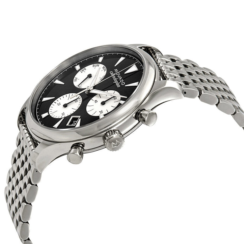 Movado Heritage Calendoplan chronograph on wrist angle view showing case and bracelet