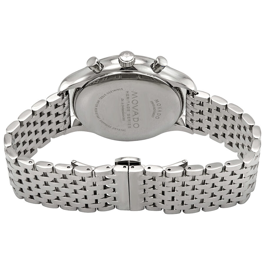 Movado Heritage Calendoplan caseback with engraved text and stainless steel bracelet