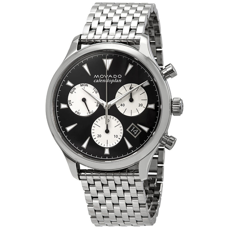 Movado Heritage Calendoplan men's chronograph watch with black dial and stainless steel bracelet