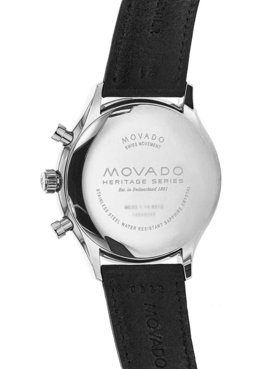 Movado Heritage Calendoplan caseback with engraved text and branding