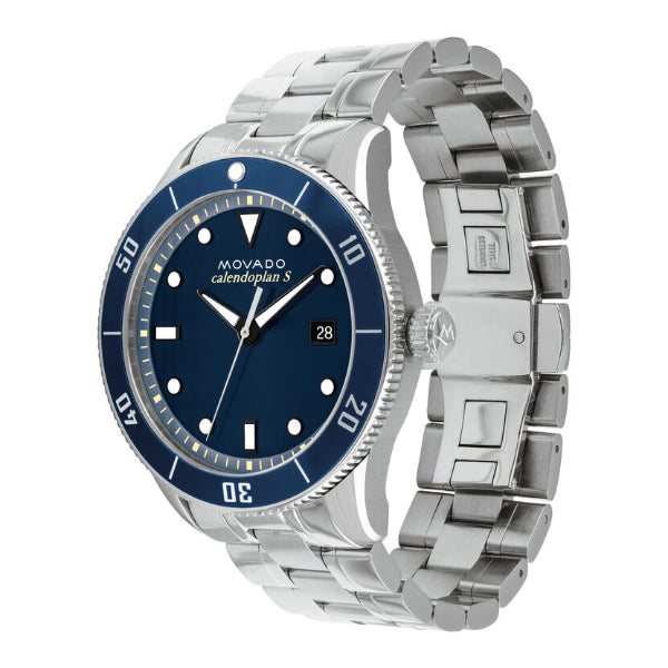 Movado Heritage Calendoplan watch at angle showing blue dial and silver bracelet
