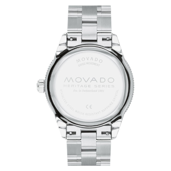 Movado Heritage Series stainless steel caseback with engraved branding