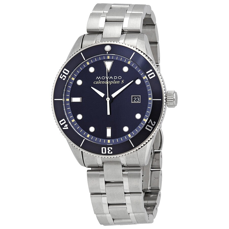 Movado Heritage Calendoplan watch face with blue dial, date window, and dive bezel