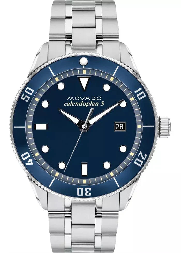 Movado Heritage Calendoplan blue dial men's watch with silver stainless steel bracelet
