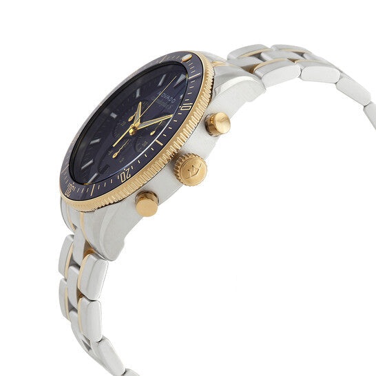 Side profile of Movado Heritage Calendoplan S watch showing bezel and gold-tone pushers
