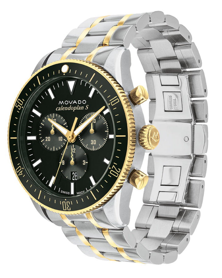 Movado Heritage Calendoplan S chronograph watch shown at angle with full bracelet visible