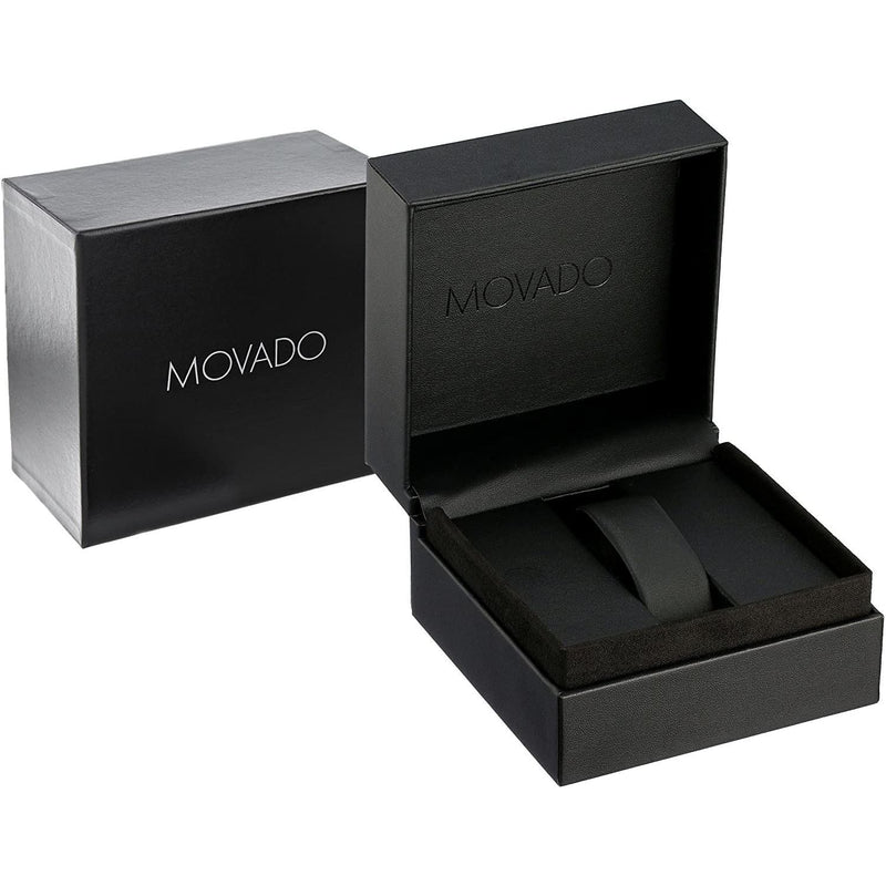 Movado Heritage Calendoplan S watch packaging with black box and presentation case