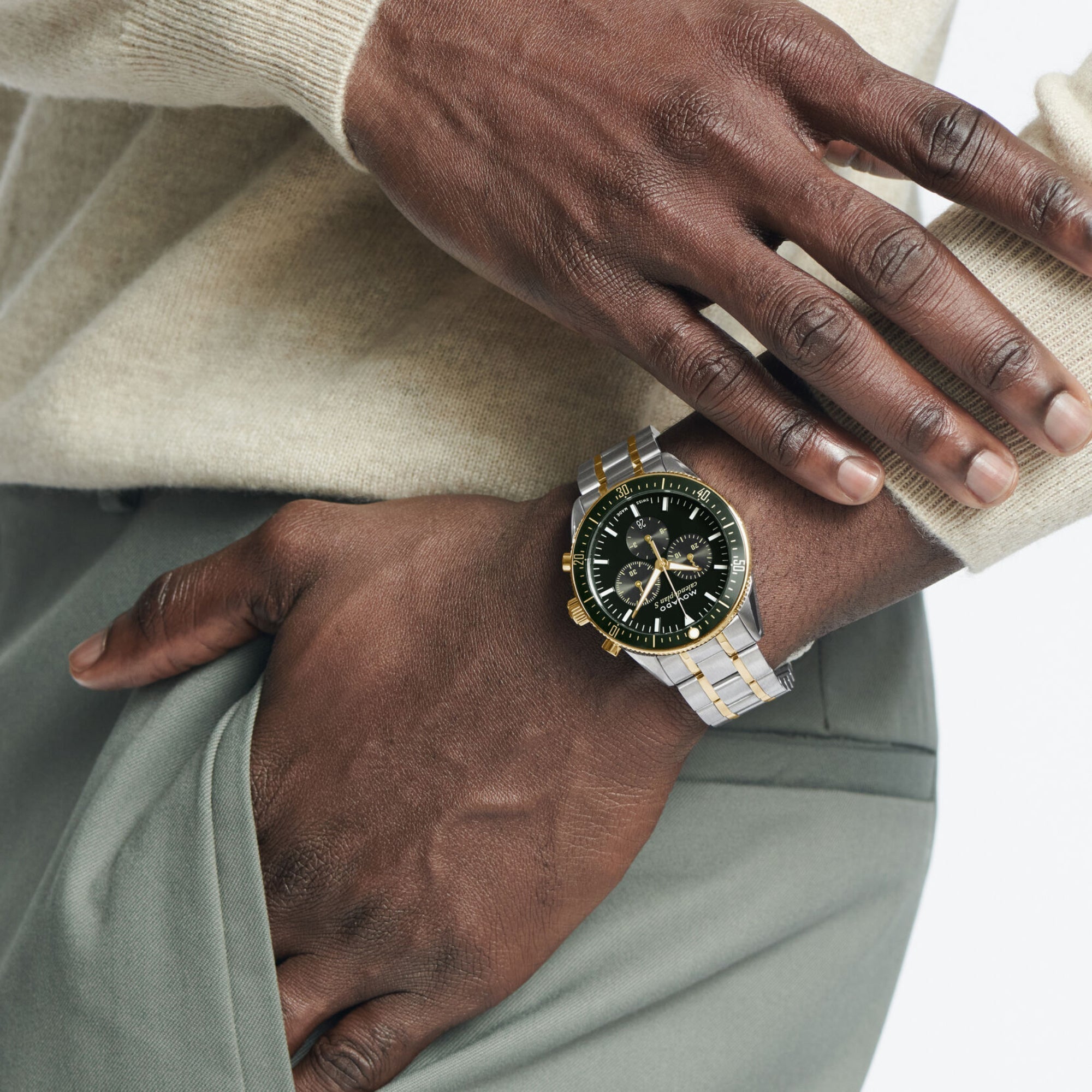 Movado Heritage Calendoplan S chronograph watch worn on wrist with two-tone bracelet