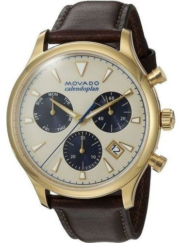 Movado Heritage Chronograph three-quarter view showing parchment dial and blue subdials