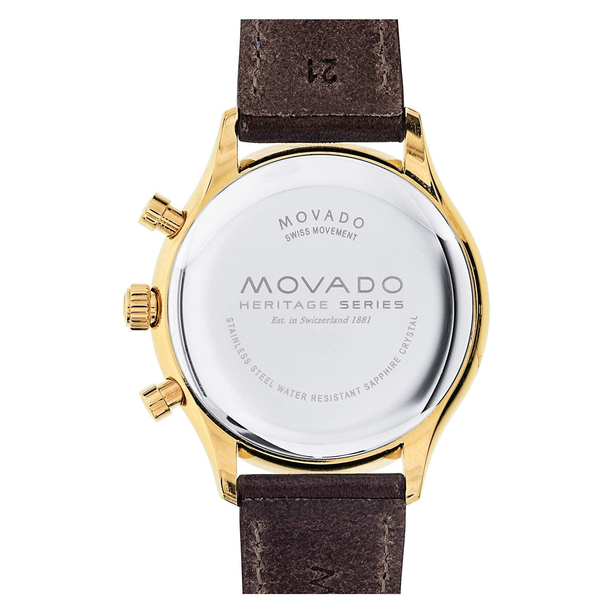 Movado Heritage Series caseback showing Swiss movement and water-resistant specifications