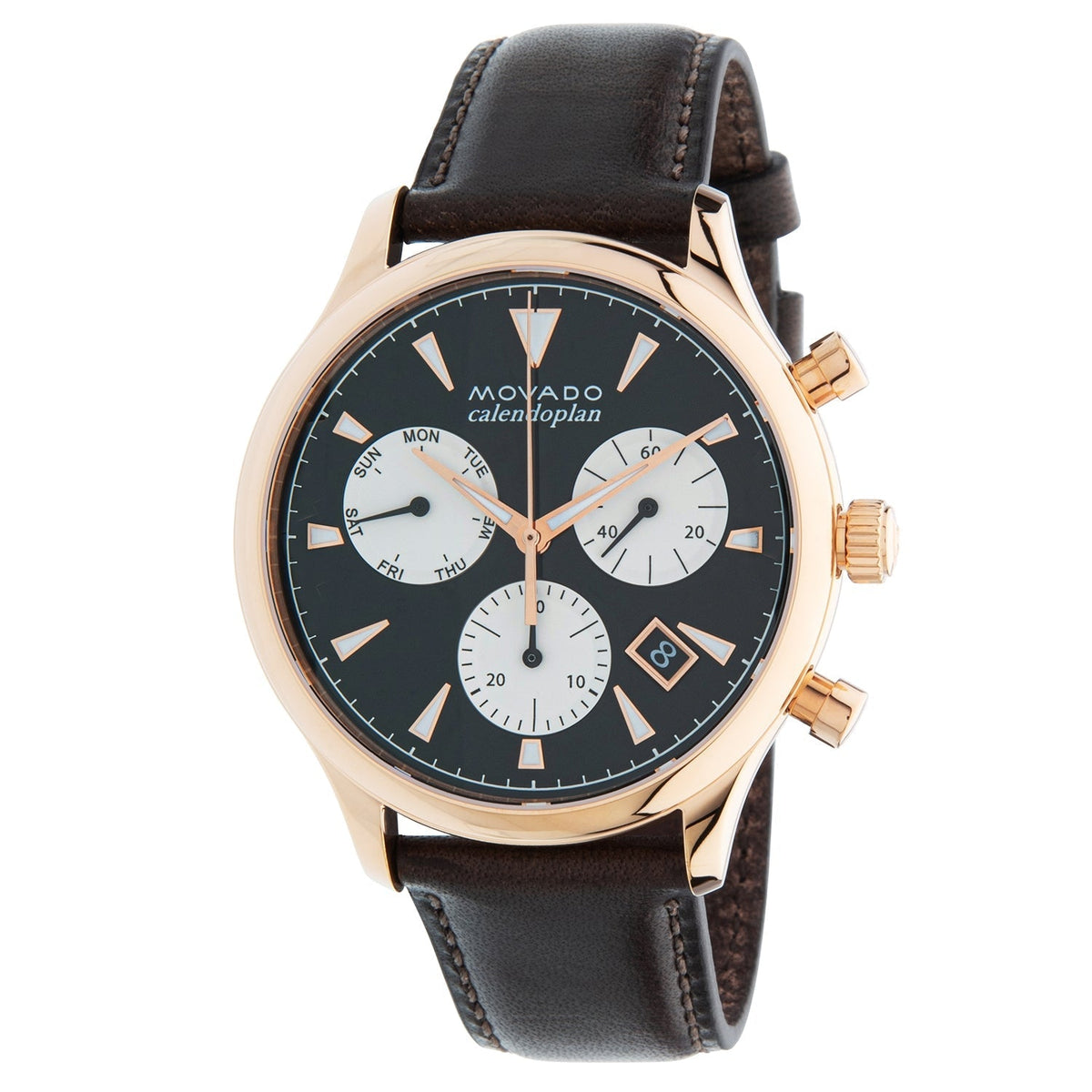 Movado Heritage Chronograph watch angled view showing black dial with white subdials and rose gold case