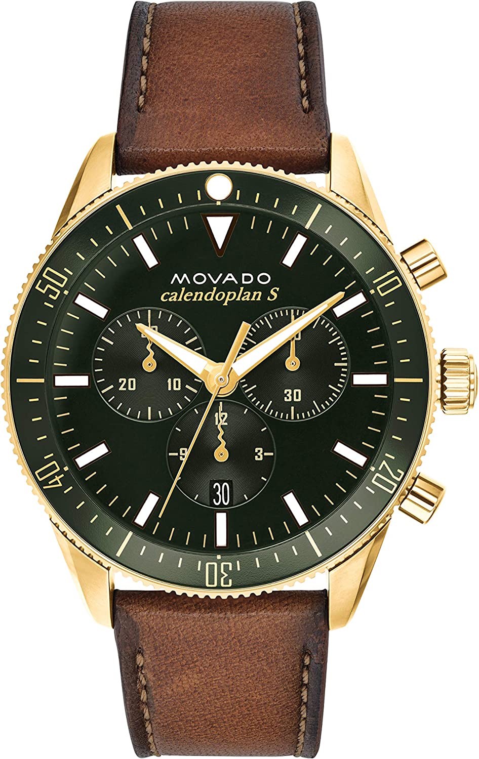 Movado Heritage Chronograph men's watch with green dial, gold-tone case, and brown leather strap