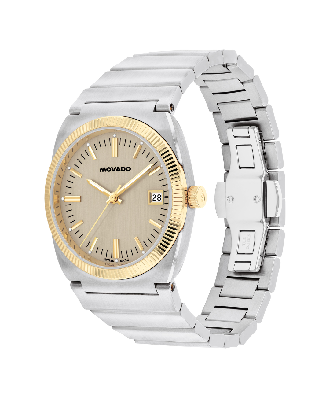 Side profile of Movado Heritage Ondoplan watch showing stainless steel bracelet and case thickness