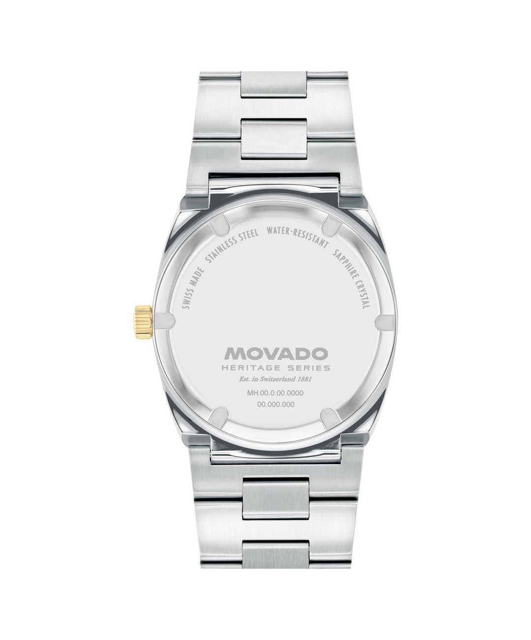 Caseback of Movado Heritage Ondoplan watch with engraved branding
