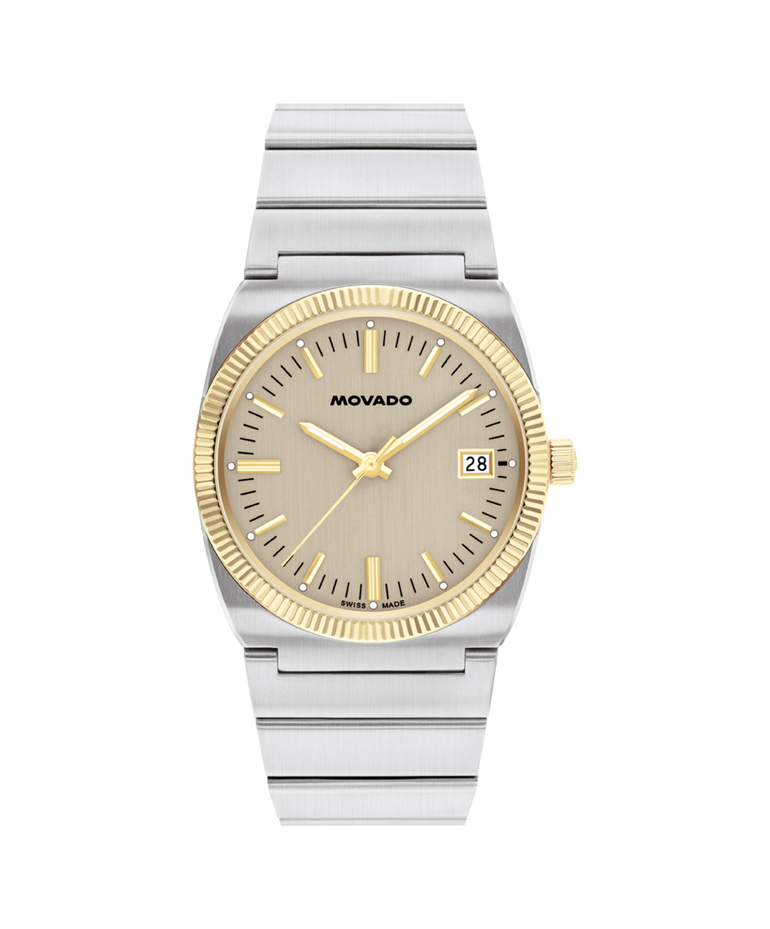 Movado Heritage Ondoplan grey dial watch with stainless steel case, gold-tone bezel and hands