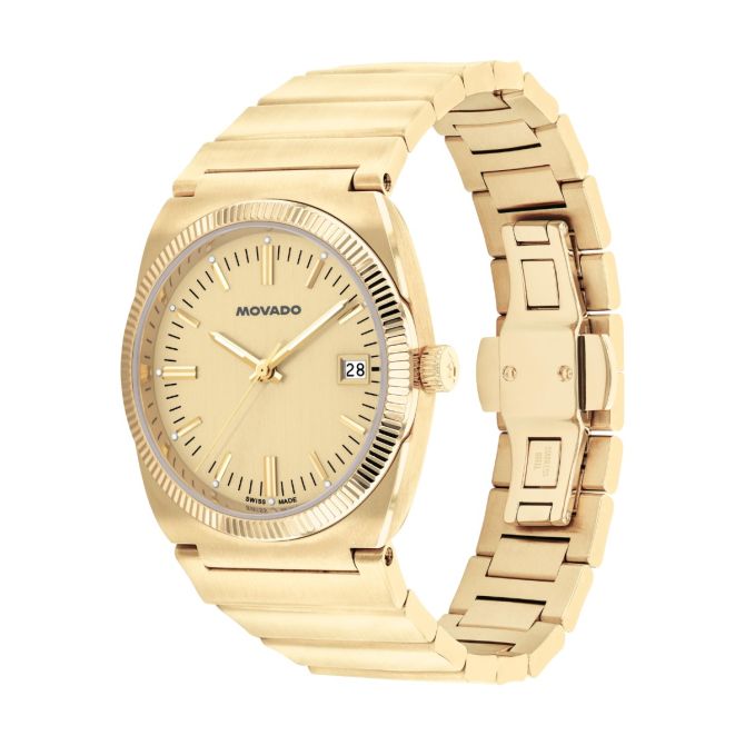 Movado Heritage Series Ondoplan watch from angle showing gold-tone bracelet and case