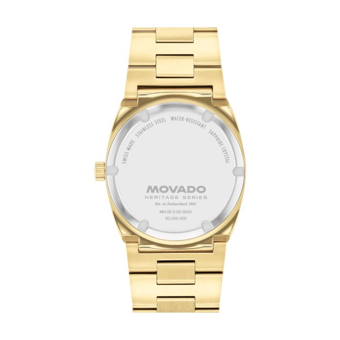 Movado Heritage Series Ondoplan caseback showing water resistance and model specifications