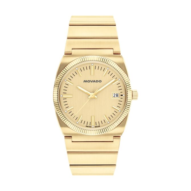 Movado Heritage Series Ondoplan gold-tone quartz watch with champagne dial and date window