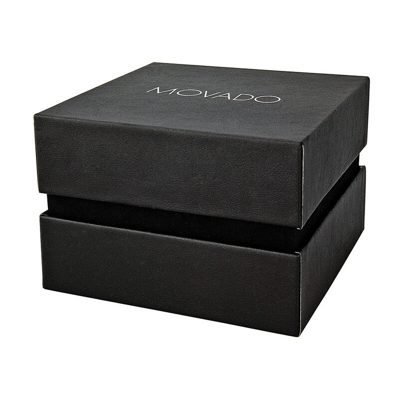Movado watch presentation box with Movado branding