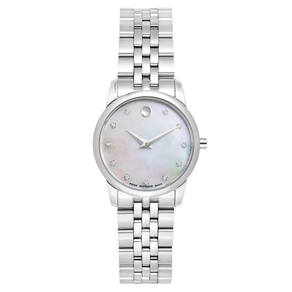 Movado Museum women's watch with mother of pearl dial, diamond markers and stainless steel bracelet