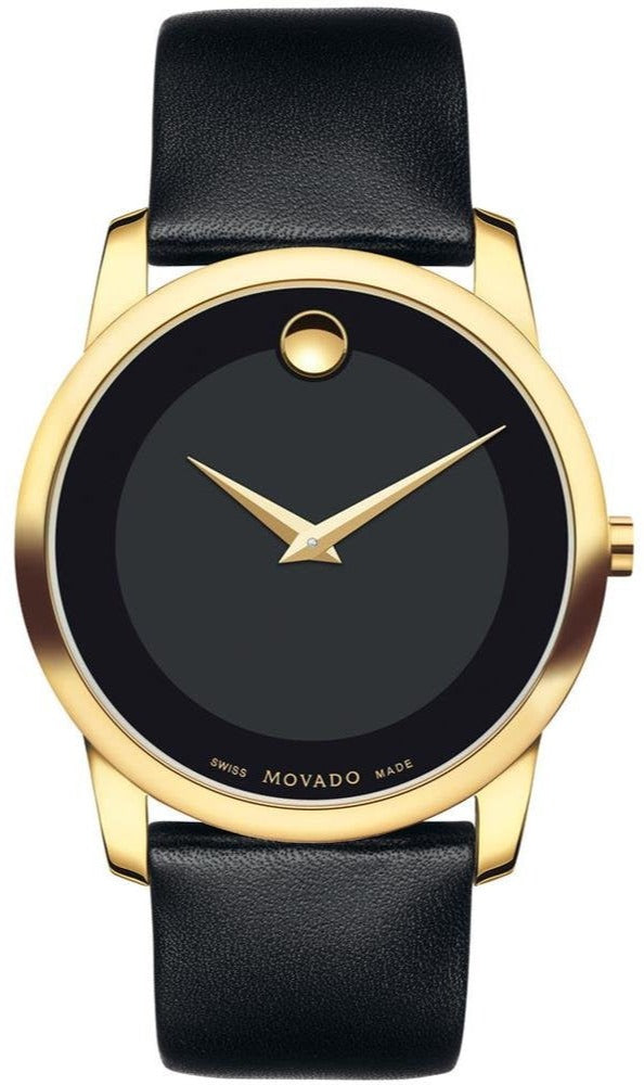 Movado Museum black dial men's watch with gold case and black leather strap