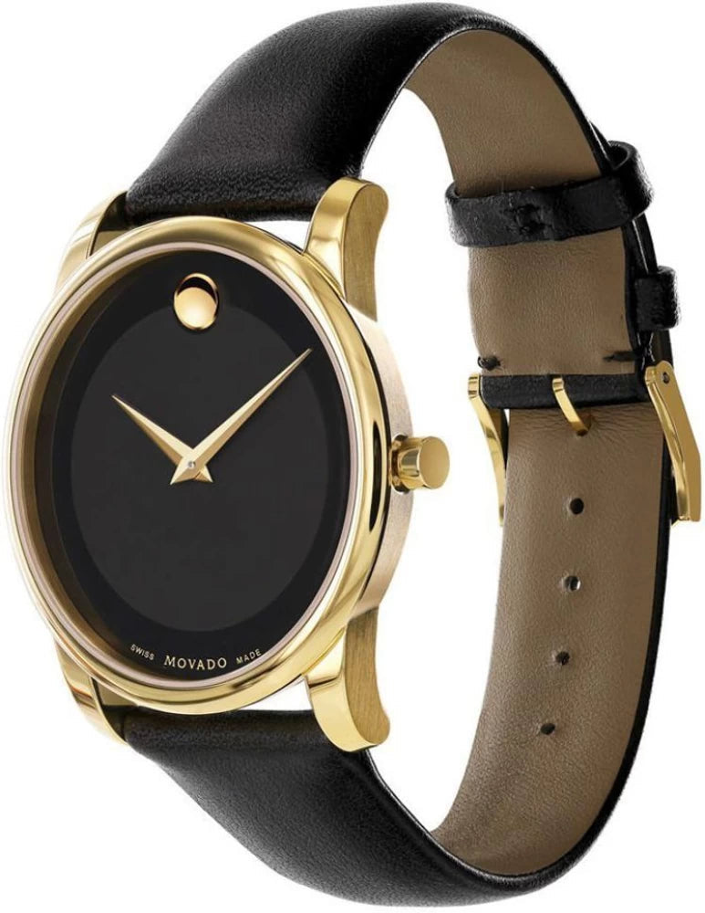 Movado Museum watch on wrist with black leather strap and tan lining visible