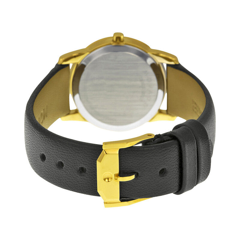 Caseback view of Movado Museum ladies watch showing gold case and leather strap detail