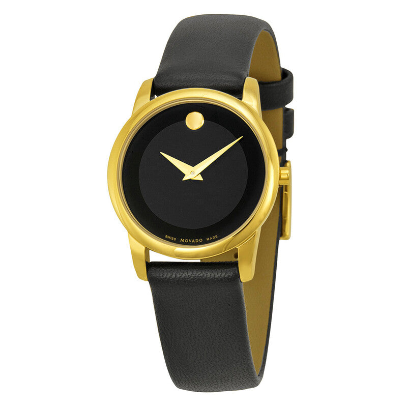 Movado Museum ladies watch with black dial, gold case, and black leather strap