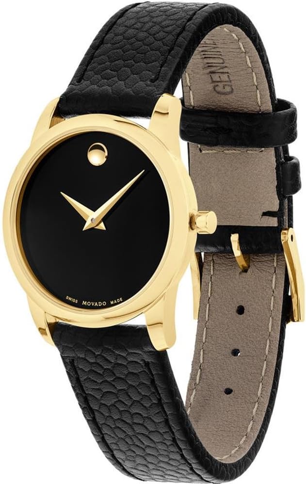 Movado Museum women's watch three-quarter view showing black leather strap and gold-tone case
