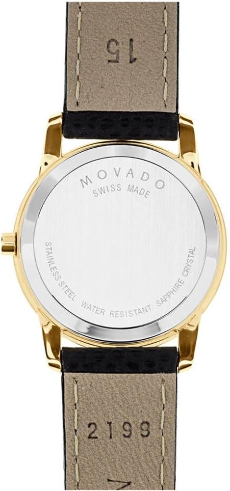 Movado Museum caseback showing Swiss Made engraving and water resistant specifications