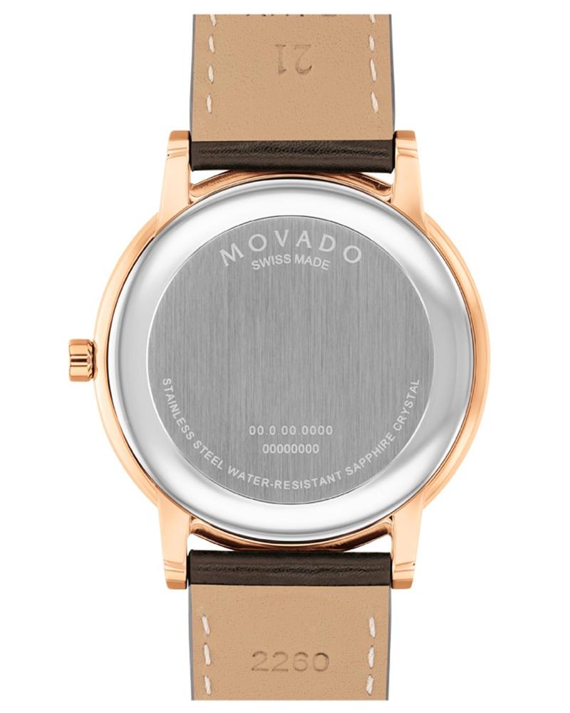 Movado MUSEUM watch caseback showing engraved MOVADO branding and Swiss Made designation
