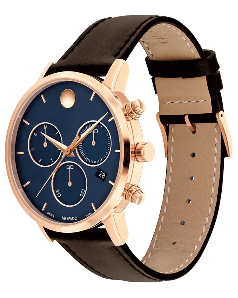 Movado MUSEUM watch side view showing brown leather strap with tan interior and rose gold chronograph pushers