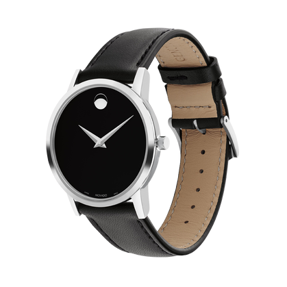 Side view of Movado Museum watch showing profile with stainless steel case and leather strap interior