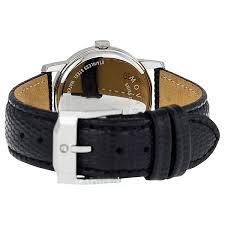 Caseback view of Movado Museum watch showing stainless steel back and leather strap detail