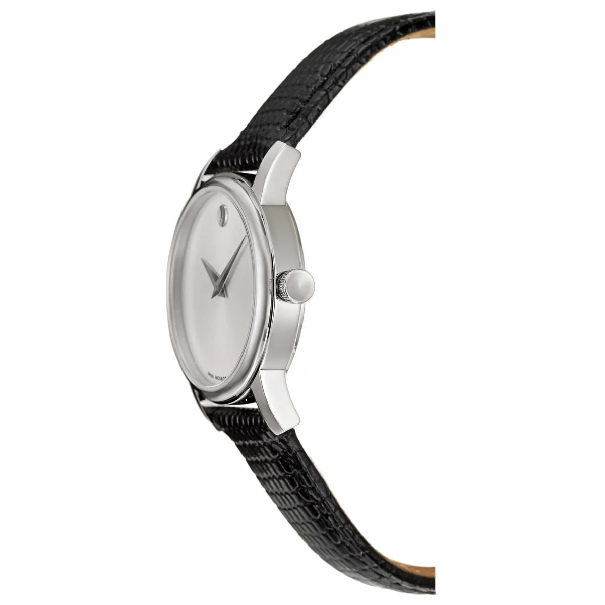 Side view of Movado Museum watch showing slim stainless steel case and black leather strap