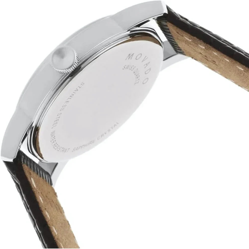 Movado Museum caseback showing engraved detail and stainless steel construction