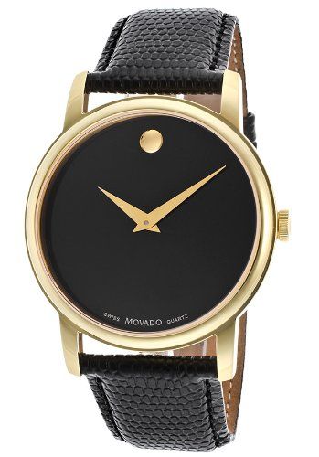 Movado Museum watch angled view showing black dial and textured black leather strap