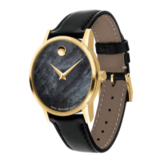 Movado Museum watch side profile showing case thickness and leather strap