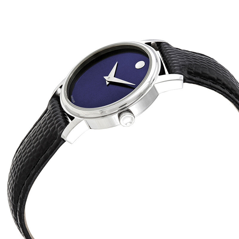 Movado Museum watch side view displaying case profile and black leather strap