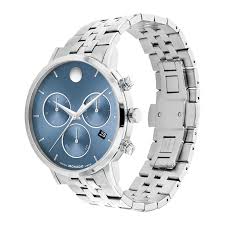 Movado Museum Classic Chronograph showing side profile with three subdials and steel bracelet