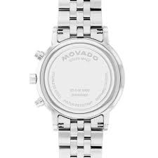Movado Museum Classic Chronograph caseback view with engraved branding and stainless steel bracelet