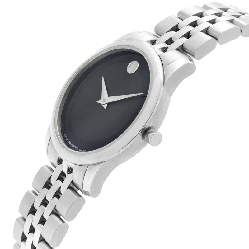 Movado Museum Classic 0606505 side view with black dial and steel bracelet