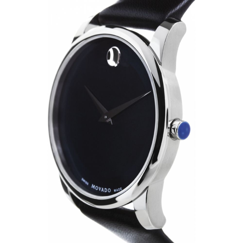Side angle view of Movado Museum Classic with black dial, silver case, and blue crown