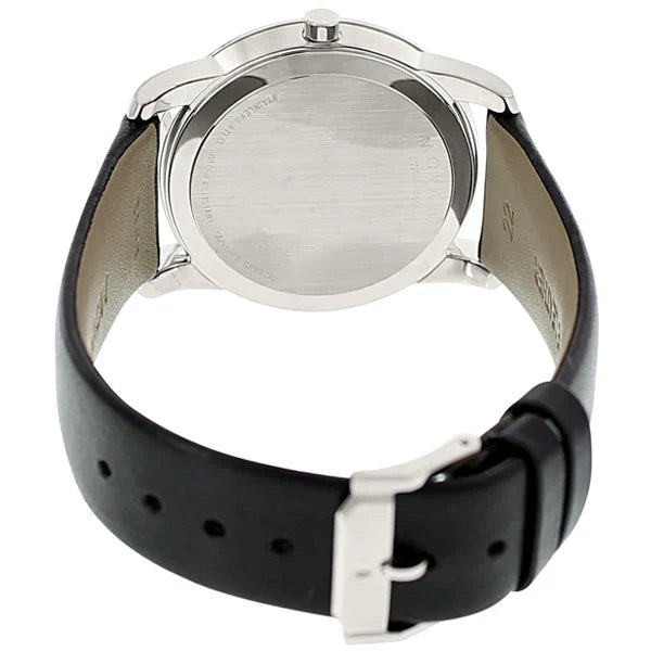 Caseback view of Movado Museum Classic with brushed stainless steel and black leather strap