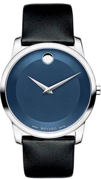Movado Museum Classic watch with blue dial, silver case, and black leather strap
