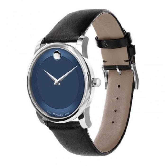 Side view of Movado Museum Classic showing blue dial, silver case, and black leather strap